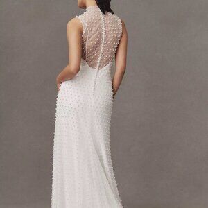 UNWORN Mock-Neck Pearl-Embellished WATTERS Wedding Gown (Medium Fit)